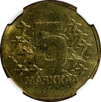 Finland Aluminum-Bronze 1975 -S  5 Markkaa NGC MS64 Low Mintage-300,000 KM#53