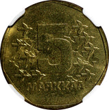 Finland Aluminum-Bronze 1975 -S  5 Markkaa NGC MS64 Low Mintage-300,000 KM#53