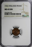 Finland Copper 1922 1 Penni NGC MS65 BN TOP GRADED BY NGC KM# 23 (045)