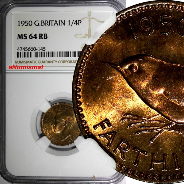 Great Britain George VI Bronze 1950 Farthing NGC MS64 RB KM# 867 (145)