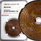 Belgian Congo Free State Leopold II Copper 1888 10 Centimes NGC MS64 BN KM#4 (3)