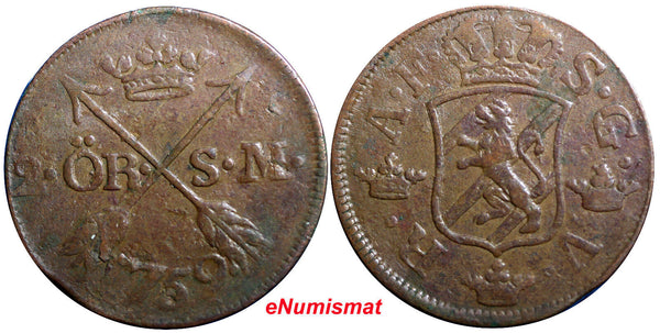 SWEDEN COPPER Adolf Frederick 1759 2 Ore,S.M Low Mintage352,000 SCARCE KM461 (5)