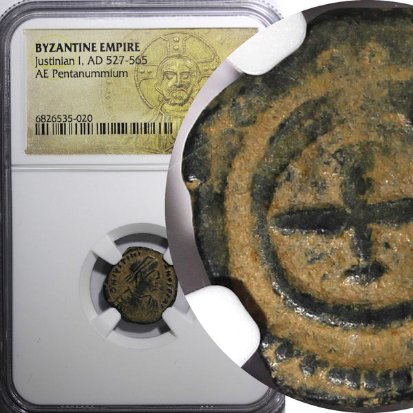 BYZANTINE EMPIRE Justinian I. AD 527-565.Pentanummium (5 Nummi) GRADED NGC (20)