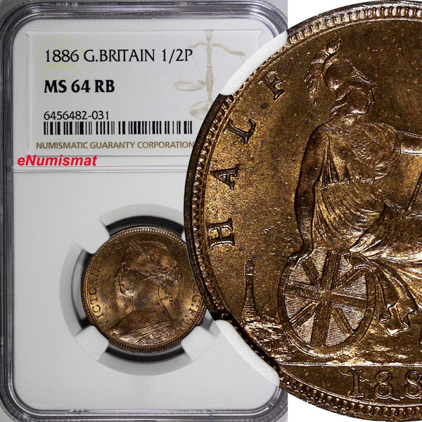 Great Britain Victoria (1837-1901) Bronze 1886 1/2 Penny NGC MS64 RB KM# 754 (1)