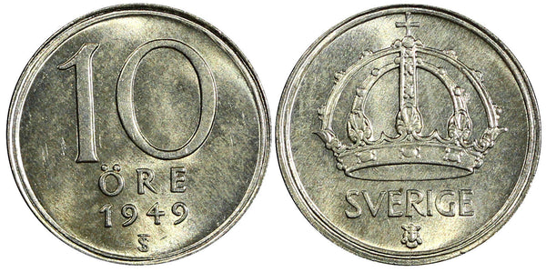 Sweden Gustaf V (1907-1950) Silver 1949 10 Öre GEM BU KM# 813 (22 061)