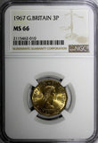 Great Britain Elizabeth II 1967 3 Pence NGC MS66 TOP GRADED BY NGC KM# 900 (010)