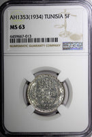 Tunisia Silver 1353 (1934) 5 Francs NGC MS63  KM# 261 (013)