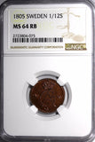 SWEDEN Gustaf IV Copper 1805 1/12 Skilling NGC MS64 RB TOP GRADED KM# 563 (075)