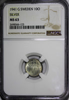 SWEDEN Gustaf V Silver 1941-G 10 Ore NGC MS63 WWII Issue Light Toned KM# 780(23)