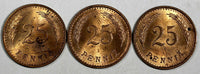 Finland Copper LOT OF 3 COINS 1942 S,1943 S 25 Penniä WWII Issue  UNC KM# 25a
