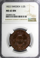 SWEDEN Carl XIV Johan 1822 1/2 Skilling Mint-944,000 NGC MS63 BN SCARCE KM# 596