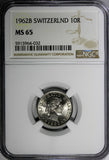 Switzerland Copper-Nickel 1962 B 10 Rappen NGC MS65 NICE BU KM# 27 (032)