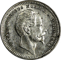 SWEDEN Oscar I Silver 1856 S.T. 25 Ore KM# 684 (15 567)