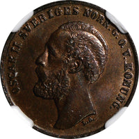 SWEDEN Oscar II (1872-1907) Bronze 1873 L.A. 1 Ore NGC MS64 BN KM# 728 (066)