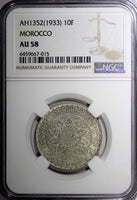 Morocco Mohammed V Silver AH1352 (1933) 10 Francs NGC AU58 SCARCE Y# 38 (15)