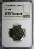 NORWAY Olav V 1970 Krone NGC MS65 Horse Prooflike Finish TOP GRADED COIN KM# 409