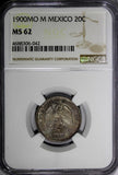 Mexico SECOND REPUBLIC Silver 1900 MO M 20 Centavos NGC MS62 Toned KM# 405.2