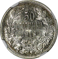 Bulgaria Ferdinand I Silver 1913 50 Stotinki NGC AU53 KM# 30 (011)