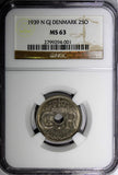 Denmark Christian X 1939 N GJ 25 Ore NGC MS63 BETTER DATE HIGH GRADE KM#823.2(1)