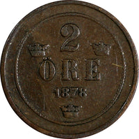 SWEDEN Oscar II Bronze 1878 2 ORE (Short Text) RARE DATE KM# 735 (13 793)