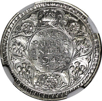 India-British George VI Silver 1943 (B) 1/2 Rupee DOT NGC AU58 KM# 552 (020)