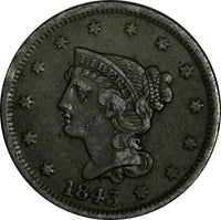 US Copper 1843 Braided Hair Large Cent 1 c. (13 779)