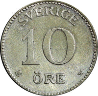SWEDEN Gustaf V Silver 1917 W 10 Öre  WWI ISSUE KM# 780 (21 910)