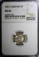 Great Britain Victoria Silver 1897 3 Pence NGC MS64 Light Toned KM# 777 (006)