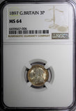 Great Britain Victoria Silver 1897 3 Pence NGC MS64 Light Toned KM# 777 (006)