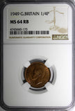 Great Britain George VI Bronze 1949 Farthing NGC MS64 RB 1st Date  KM# 867 (173)