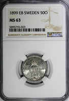 SWEDEN Oscar II Silver 1899 EB 50 Ore NGC MS63 GEM COIN BETTER DATE KM# 740(023)