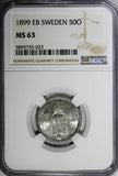 SWEDEN Oscar II Silver 1899 EB 50 Ore NGC MS63 GEM COIN BETTER DATE KM# 740(023)