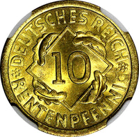 Germany 1924 A 10 Reichspfennig NGC MS65 ONLY 1 GRADED HIGHEST BY NGC KM# 40 (6)