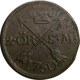 Sweden Adolf Frederick Copper 1760 S.M. 2 Ore Mintage-558,000 KM# 461 (14 204)