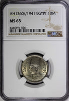 Egypt Farouk Copper-Nickel AH1360//1941 10 Milliemes NGC MS63 KM# 364 (026)