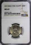 Egypt Farouk Copper-Nickel AH1360//1941 10 Milliemes NGC MS63 KM# 364 (026)