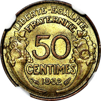FRANCE Aluminum-Bronze 1932 50 Centimes OPEN "9" NGC MS64 KM# 894.1 (053)