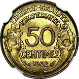 FRANCE Aluminum-Bronze 1932 50 Centimes OPEN "9" NGC MS64 KM# 894.1 (053)