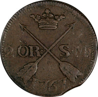 SWEDEN Adolf Frederick Copper 1767 2 Ore, S.M. Low Mintage-467,000 KM#461/17 300