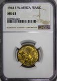 French West Africa Aluminum-Bronze 1944-L 1 Franc NGC MS63 Laureate Head KM2 (1)