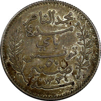 TUNISIA Muhammad V Silver AH1334 1915 50 Centimes XF Toned KM# 237 (18 979)