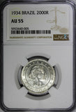 Brazil Silver 1934 2000 Reis NGC AU55 Last Year Type KM# 526 (005)