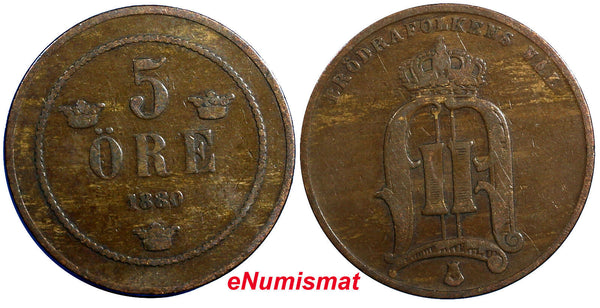 Sweden Oscar II Bronze 1880/7 5 Ore Overdate Mintage-403,000 RARE KM#736 (6283)