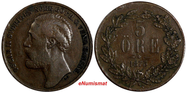 Sweden Oscar II Bronze 1873 5 Ore Mintage-783,000 27 mm KM# 730 (13 600)