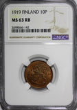 Finland Copper 1919 10 Pennia NGC MS63 RB 1st Year Type KM# 24