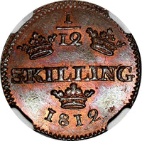 Sweden Carl XIII Copper 1812 1/12 Skilling NGC MS66 RB TOP GRADED !!! KM#584(4)