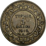 Tunisia Muhammad V Silver AH1330 (1912) A 1 Franc  Toned  KM# 238 (18 991)