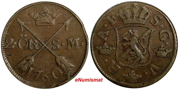 SWEDEN Adolf Frederick (1751-1771) 1760 S.M. 2 Ore Mintage-558,000 KM#461 (118)