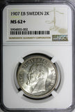 SWEDEN Oscar II Silver 1907 EB 2 Kronor NGC MS62+ Mint-300,573 RARE KM#773 (02)