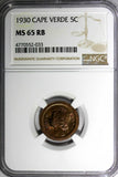 Cape Verde Bronze 1930 5 Centavos NGC MS65 RB 1 GRADED HIGHEST BY NGC KM# 1